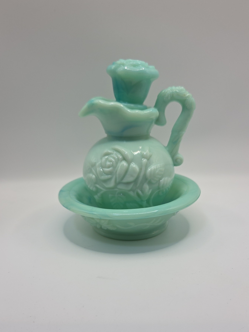 Avon Victorian Rose Milk Glass Pitcher And Bowl Teal Vintage